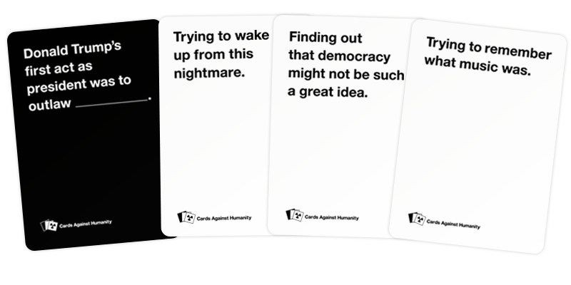 Sample cards from the Cards Against Humanity Trump Pack